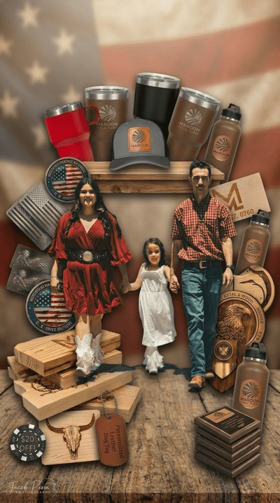 Jared - Owner of Salt & Steel Arms with family and engraving products